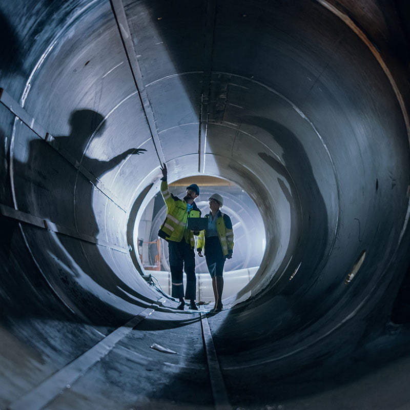 men standing in large pipe